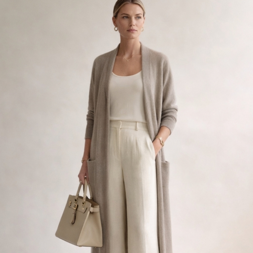 The Cashmere Project Neutral Oatmeal Soft Cashmere Sweater Duster Cardigan Sz XS